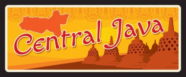 Merkezi Java Endonezya vilayeti. Vektör seyahat plakası, antika teneke tabela, geçmişe dönük hoş geldin kartı tasarımı. Endonezya 'nın Prambanan Tapınağı manzaralı plaketi, harita ve süslemeler