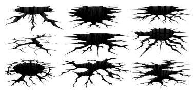 Yer sarsıntısı çatlakları ve delikler. Tırtıklı, gergin çatlakların vektör kümesi. Parçalanmış ya da parçalanmış yüzeydeki dinamik ve soyut şekilleri andıran izole kara dünya boşlukları. Bölünme ve hasar çatlakları