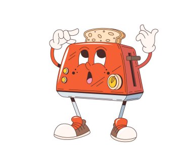 Çizgi film modası geçmiş, komik suratlı, 70 'lerin hippi sanatı vektörü. Tost ekmeği dilimli, nefis bir çizgi film tost makinesi, sabah kahvaltısı pozitif titreşim ve emoji ifadesi.