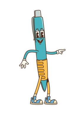 Eski moda kalem karakteri, izole edilmiş karikatür vektör funky kırtasiye, yazma aracı, büyüleyici bir gülümseme ve rahat titreşimler. Y2k tarzında eğitim veya yaratıcı okul ve ofis kişiliği