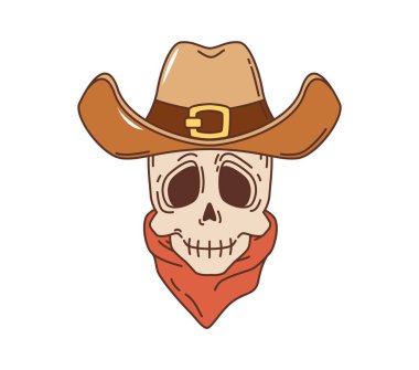 Çizgi film karakteri, deri kahverengi şapkalı ve kırmızı bandanalı, harika bir kovboy kafatası. Eski Amerikan Vahşi Batı haydutunun vekil şahsiyeti, kovboy ya da silahşör iskeleti. Retro Western moda kafatası