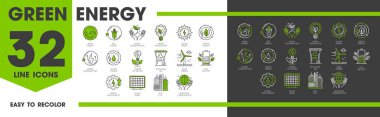 Yeşil enerji ve ekolojik güç hattı simgeleri, çevre ve ekoloji, vektör piktogramları. Yeşil enerji üretimi ve alternatif enerji üretim kaynakları doğa koruma ve enerji yeniliğinin simgeleri