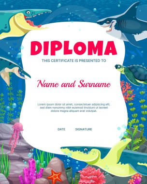 Su altı dinozorlarıyla çocuk diploması. Çizgi film tilosaurus, megalodon, archelon, kronosaurus, mosasaurus ve denizanası içeren vektör okulu veya anaokulu sertifikası. Paleontoloji kursları ödül çerçevesi