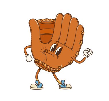 Eski moda deri beyzbol eldiveni karakteri. İzole edilmiş vektör oyuncu spor ekipmanı kişiliği gülen bir yüz ve spor ayakkabısı ile eğlenceli, nostaljik ve klasik hippi titreşimleri yayar.