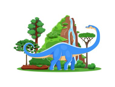 Haplocanthosaurus tarih öncesi karikatür dinozoru. Yükselen ağaçlar, şelale ve uçurumlarla dolu verimli bir arazide vektör mavisi Sauropod dino. Antik Jurasik veya Mezozoik dünya, dinozorların doğal yaşam alanı