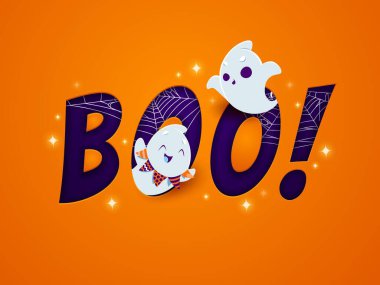 Cadılar Bayramı gazetesindeki sevimli Kawai hayalet karakterleri bu afişi kestiler. Sonbahar korku partisi, Cadılar Bayramınız kutlu olsun. Gülümseyen hayaletler, tipografi ve örümcek ağıyla dolu 3D vektör fon.