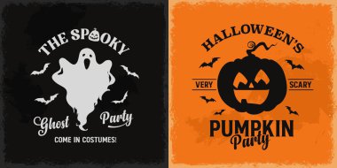 Cadılar Bayramı korku gecesi için balkabağı ve ürkütücü hayaletli retro pankartlar, çizgi film vektörü. Cadılar Bayramı şaka mı şeker mi? Yarasalı klasik posterler ve grunge arka planda korkunç balkabağı feneri.