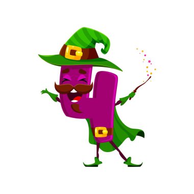 Çizgi film Cadılar Bayramı matematiği dört numaralı büyücü karakter. Matematik numarası sihirbazı çocuksu maskotu, matematik 4 basamaklı büyücü veya sayısal sembolü Maj sihirli değnekle izole edilmiş mutlu vektör kişiliği.