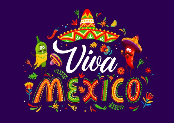 stock vector Viva Mexico banner with colorful, festive decorations, cartoon chili pepper characters wearing sombreros, vibrant patterns and traditional latin elements, celebrating Mexican culture and festivities