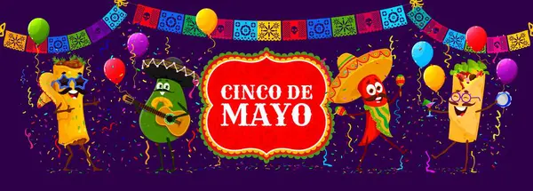 stock vector Mexican tex mex cuisine characters on Cinco de Mayo holiday banner. Cartoon burrito sandwiches, chili pepper and avocado vector personages with sombrero, guitar, maracas and papel picado flags garland