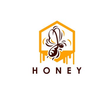 Bal arısı ikonu, arıcılık ve arı ürünleri amblemi. Sarı altıgen şeklindeki, bal ve koyu kahverengi tipografi ile damlayan, stilize edilmiş bir arıyı içeren izole edilmiş vektör zerafeti ve modern etiket.
