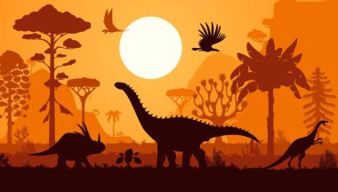 Dinozor siluetleri, siluetli dinazor hayvanlarıyla tarih öncesi tarih öncesi sahne, yükselen pterodactyl ve argentavis, triceratops ve sauropod eğreltiotu, tepeler, palmiye ağaçları ve alacakaranlık güneşi manzarası