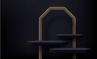 Altın kemerli siyah podyum ürün sahnesi. Vektör modern, katmanlı platform. Kozmetik sunumlar, ürün gösterimleri, sergiler veya olaylar için geometrik sahneleri olan gerçekçi 3d minimalist yapı
