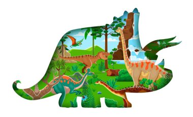 Kağıt, dinazor türleriyle tarih öncesi dinozor silueti 3 boyutlu vektör çerçevesini kesti. Tyrranosaurus, tapejara, aegyptosaurus, lambeosaurus ve brachiosaurus şelale ve palmiye ağaçlarıyla dolu verimli bir ortamda.