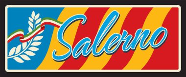 İtalya 'nın Salerno kenti, İtalya' nın Campania kenti. Vector seyahat plakası, klasik teneke tabela, retro kartpostal tasarımı. Bölgenin ya da bölgenin bayrağına sahip hatıra plaketi.