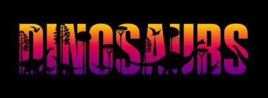 Dinozorların gün batımı siluetleri. Tarih öncesi dinozor ve bitkilerin gölgelerinin yer aldığı parlak ve cesur bir kelime. Dinazorların türünü oluşturan türde turuncu, kırmızı, mor arka plan.