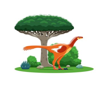 Tarih öncesi karikatür Zephyrosaurus dinozoru yemyeşil jurasik çağ manzarasında. İzole edilmiş vektör turuncu dinoyu andıran uzun bacakları ve boynu olan büyük bir kuşa benzetiyordu, sakin bir alanda büyük bir ağacın altında duruyordu.