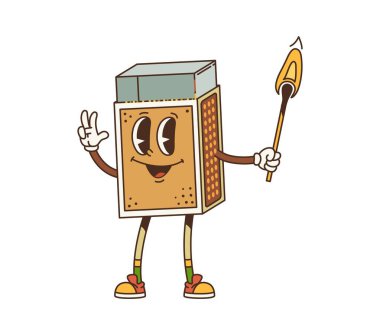 Çizgi film kibrit kutusu eski moda seyahat kampı ve turizm karakteri. Arkadaş canlısı yüz ifadesiyle izole edilmiş vektör kutusu kişiliği, bir kibrit çöpü tutuyor ve barış işareti gösteriyor, neşeli bir hava yaratıyor.