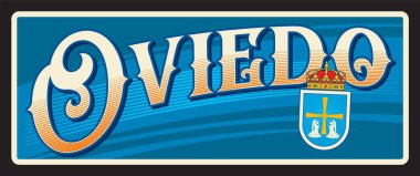 İspanya 'daki Oviedo şehri, Asturias Prensliği' ndeki Uvieu kasabası. Vektör seyahat plakası, klasik teneke tabela, eski tatil kartpostalı ya da seyahat tabelası. Hanedan arması ve kraliyet tacıyla eski bir plaket