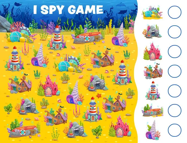 Kabuk kulübelerdeki su altı deniz evleri ve karikatür vektörleriyle ilgili oyun kağıtları görüyorum. Çocuklar, deniz kabuğundaki deniz altı binalarının, batık gemilerin ve okyanustaki deniz fenerlerinin aynı resimlerini bulmak için bulmaca çözüyorlar.
