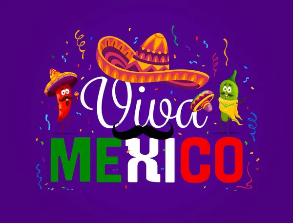 Stock vector Viva Mexico banner with jalapeno pepper characters wearing sombrero or poncho and flashing joyful smiles, celebrate Mexican heritage with a spicy twist under the falling confetti, vector greeting card