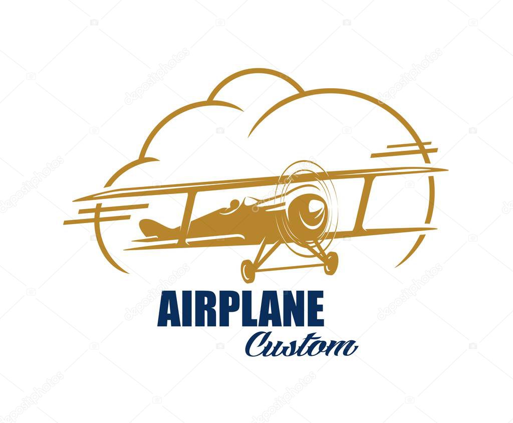 Airline and aircraft aviation icon. Isolated vector airplane custom emblem with classic retro biplane in flight within a large cloud shape, dynamic gold and blue color scheme and bold typography