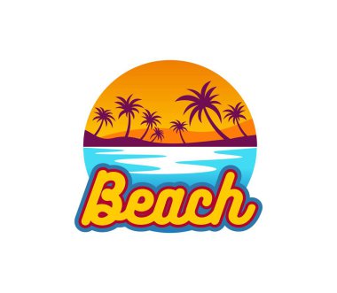 Yaz tropikal gündoğumu, palmiye ağaçları ve mavi deniz dalgaları ve sakin egzotik manzaralı bir ada sahili ikonu. Cennetin, seyahatin, turizmin, tatilin ve tatil beldesinin özünü somutlaştıran izole vektör amblemi