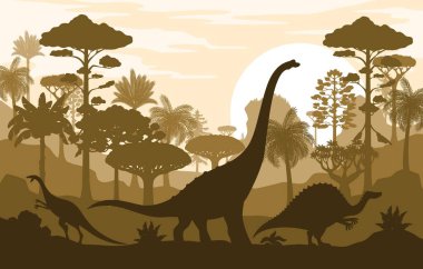 Ormanlardaki dinozor siluetleri, Jurasik park kertenkelelerinin tarih öncesi manzarası, vektör arkaplan. Dinozor ve dinozor sürüngenleri tropikal ormanlarda dağlar ve gökyüzünde güneş tarih öncesi manzara