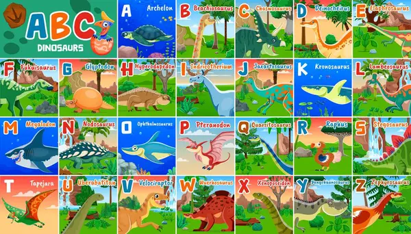 stock vector Kids prehistoric dinosaurs alphabet. Vector colorful educational dino abc, presenting a variety of reptiles, each corresponding to a different letter of the alphabet. Dinosaur in their natural habitat