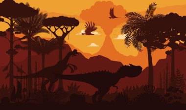 Günbatımı manzarasında tarih öncesi dinozor siluetleri. Antik uçan kuşlar, oviraptor ve allosaurus gölgeleriyle nefes kesici vektör sahnesi yemyeşil orman bitki örtüsüyle canlı alacakaranlıkta geziniyor.