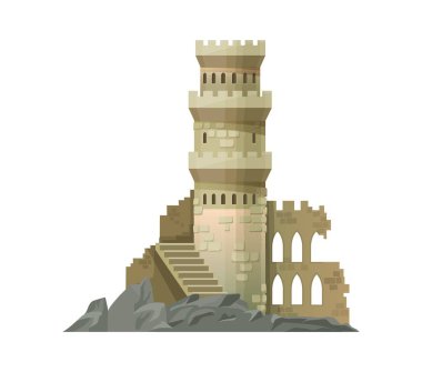 Çizgi film kalesi, krallık sarayı. İzole edilmiş vektör eski ortaçağ ya da peri masalı, kısmen harap olmuş kule yapısı sarmal bir merdiven, kemerli pencereler ve kayalık zemine yerleştirilmiş yıpranmış taş duvarlar içerir.