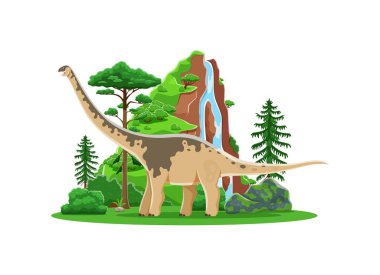 Paralititan çizgi filmi tarih öncesi dinozor karakteri sakin doğa sahnesinde geziniyor. Vektör dostu dino sauropod Jurassic dönemindeki bereketli bitki örtüsü, yüksek ağaçlar, eğrelti otları ve şelaleyle birlikte duruyor.