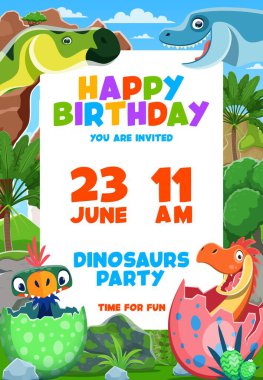 Çocuk doğum günü partisi ilanı. Karikatürdeki dinazor çocukların yumurtalarıyla davetiye posteri, vektör geçmişi. Çocukların doğum günü ve aile eğlencesi ilanı. Jurassic Park 'tan komik dinozorlarla dolu.