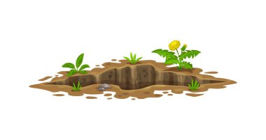Toprak çukuru, derin kirli çukur ve oyuk. İzole edilmiş karikatür vektör girişi, büyük çatlak, yeşil çimen ve taşlarla çevrili doğal boşluk. Vahşi hayvan mağarası, bahçede ya da doğada toprak erozyonu.