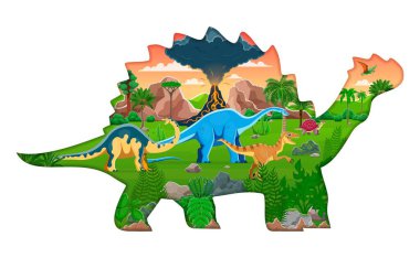 Dino kağıdı tarih öncesi dinozorlarla siluet kesti. Karikatür 3d vektör karikatür çerçevesi melanorosaurus, haplocanthosaurus, velociraptor, karbonemys ve tapejara, volkan ve yeşil manzarayla dolu