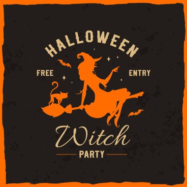 Cadı siluetinin kedi ve yarasalarla süpürgede uçtuğu Cadılar Bayramı retro pankartı. Cadılar Bayramı 'nın Cadılar Bayramı korku gecesi şaka mı şeker mi posterleri mi yoksa sihirli karakterli davetiye kartı mı?