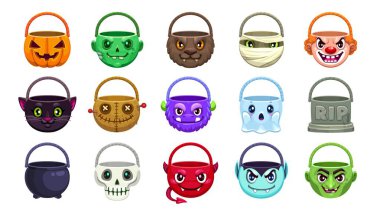 Cadılar Bayramı tatil için canavar yüzlü şeker kovaları, çizgi film vektörü. Cadılar Bayramı şeker mi şaka mı sepeti balkabağı, zombi ve kurt adamla mumya, şeytan, cadı kazanı ve kafatası