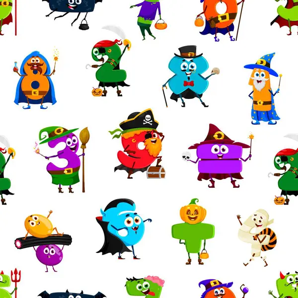 Stock vector Cartoon Halloween numbers and digit characters pattern, vector background. Funny numbers in Halloween holiday costumes, six dracula and eight wizard with magic wand and math equals sign as witch