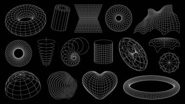 Üç boyutlu kablo şekilleri, vahşi perspektif ızgarası, retro teknoloji ağ vektör çizgisi elementleri. 3 boyutlu tel çerçeve küresinin soyut geometrik şekilleri veya küresi, dalga, torus ve kalp ızgarası, tünel ve dalga bağlantıları