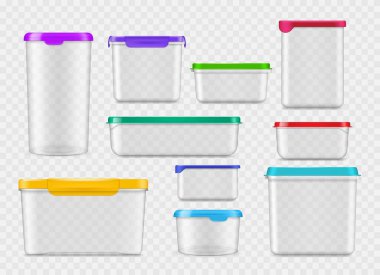 Gerçekçi plastik yiyecek kapları, şeffaf kutular, renkli kapaklı 3D gıda paketlerinin vektör modellemeleri. Temiz plastik kaplar, yuvarlak kova, kap, kavanoz ve kap, dikdörtgen beslenme çantası, kase ve kutu.