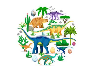 Prehistoric dinosaurs banner with cartoon vector dino characters in round isolated shape amidst a lush jurassic era landscape with palm trees, ferns, eggs, footprints, cacti plants and volcanic rocks clipart