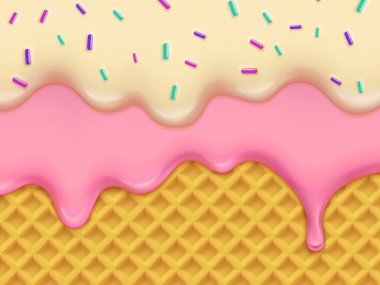 Gerçekçi çilek ve vanilyalı dondurma şekerli eritme damlası, gofret arkaplan. 3D vektör erimiş krema ya da tatlı sos waffle koni deseni, sıvı, şurup ya da krema kenarına düşür