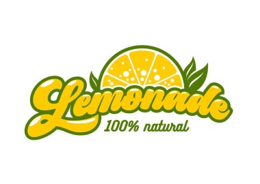 Meyve suyu veya limon suyu ve soda ikonu, vektör amblemi. Limonata, taze narenciye aromalı su için yeşil yapraklı ve köpüklü yüzde yüz doğal limon.