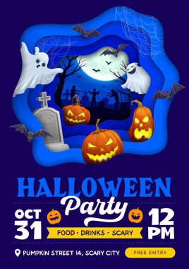 Cadılar Bayramı gazetesi, ay ışığında gezen hayaletlerle dolu bir parti broşürü mezar taşlarının üzerine ürkütücü bir parıltı saçıyor. Spektral bir kutlama atmosferi yaratıyor ve rahatsız edici bir eğlence, 3D vektör posteri.