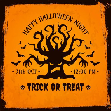 Cadılar Bayramı 'nda içinde korkunç ağaç olan grunge posteri. Dondurucu şaka mı şeker mi partisi için davetiye. Tehditkar, buruşuk canavar ve uçan yarasalar Omurga karıncalanması kutlaması için davet edilir