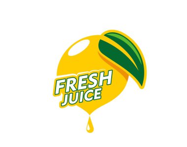 Taze limon suyu ikonu, limon suyu meyve suyu etiketi. İzole vektör parlak ve canlı amblem olgun limon, damla ve yeşil yaprak, içecek markalaşması, sağlıklı içecek tanıtımı ve organik meyve suyu pazarlaması için