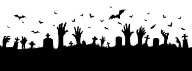 Mezarlık siluetinde zombi elleri, Cadılar Bayramı tatili ve korku gecesi vektör geçmişi. Ölü ve ölümsüz zombi elleri mezarlıktan mezarlığa ve uçan yarasalara uzanan mezar taşlarıyla uzanıyor.