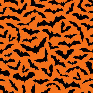 Cadılar Bayramı yarasalarının korku gecesi tatili için kusursuz bir geçmişi vardır. Çizgi film vektörü. Cadılar Bayramı parti dekorasyon deseni üzerinde uçan siyah yarasalar silueti bulutları turuncu arka planda