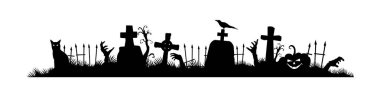 Cadılar Bayramı çerçeve sınırı ve siyah siluetleri ile zombi eller, balkabakları, mezar taşları, mezar haçları, kedi ve kuzgun, mezarlık çitleri. İzole edilmiş vektör ürkütücü dekoratif tatil unsurları