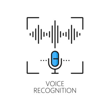 Ses tanıma, biyometrik tanımlama veya doğrulama simgesi. Kimlik güvenlik teknolojisi, kimlik biyometrik tanıma veya dijital tanımlama ana hatlı mikrofon ve ses dalgaları ile vektör simgesi